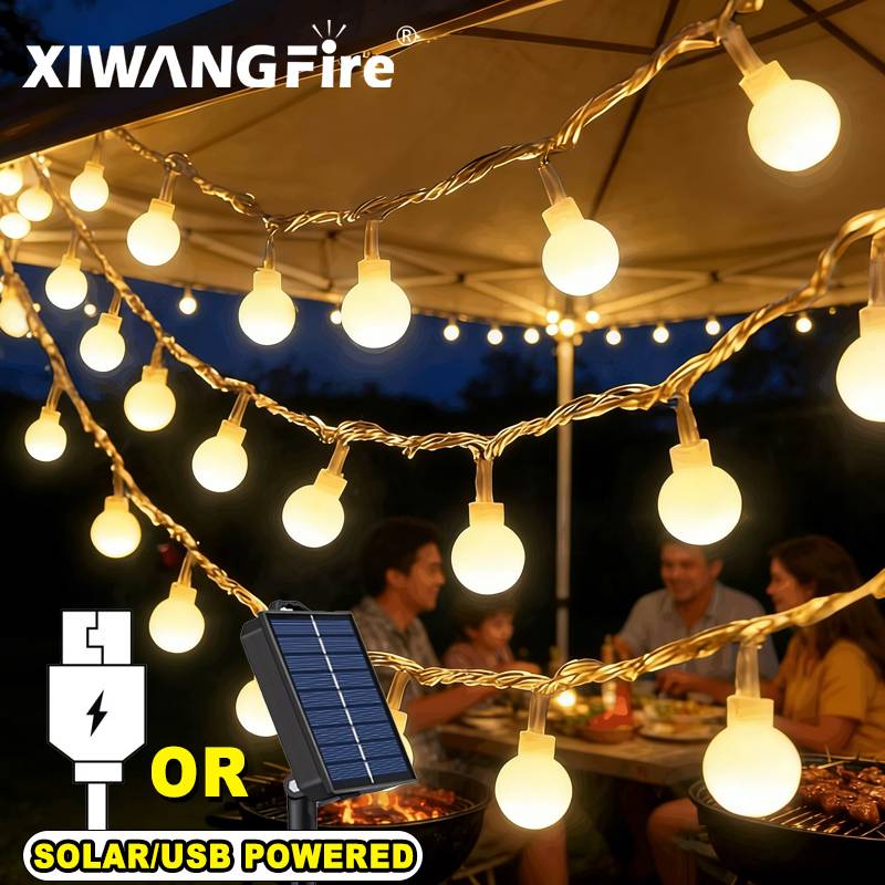 Outdoor Camping Gazebo - ไฟประดับโซลาร์เซลล์/USB/แบตเตอรี่ 3-10 เมตร, ไฟ LED ลูกบอลทรงกลม,