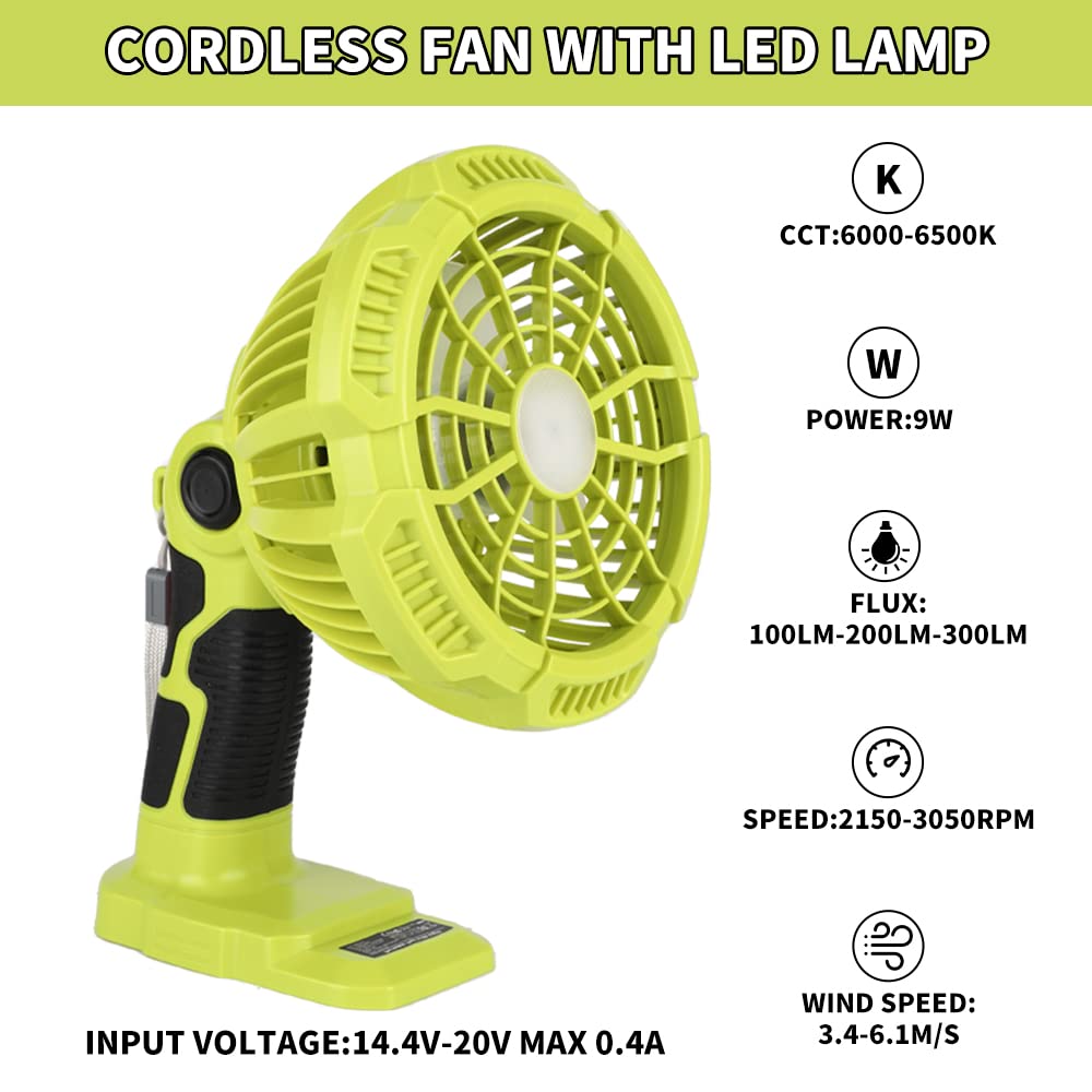 Outdoor Camping Jobs - พัดลมพกพาไร้สายพร้อมไฟ LED 300LM เหมาะสำหรับแบตเตอรี่ RYOBI 18V,