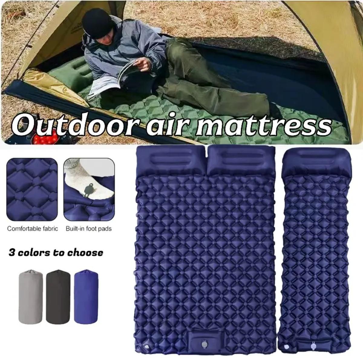 Outdoor Camping Rugs - ที่นอนลมแบบเป่าลมเดี่ยวและคู่, แผ่นรองนอนสำหรับตั้งแคมป์แบบพับได้พร้อมหมอน, กันความชื้น, กันน้ำ และน้ำหนักเบา, เหมาะสำหรับการตั้งแคมป์,