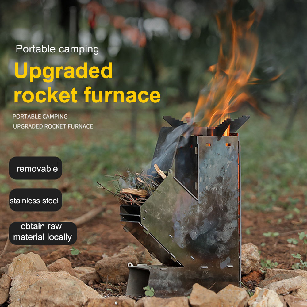 Outdoor Camping Burner - เตาไม้พกพาแบบถอดประกอบได้ เตาบาร์บีคิวร็อคเก็ตสแตนเลสสำหรับกิจกรรมกลางแจ้ง เตาสำหรับตั้งแคมป์และเต็นท์ เหมาะสำหรับปิกนิกและบาร์บีคิว