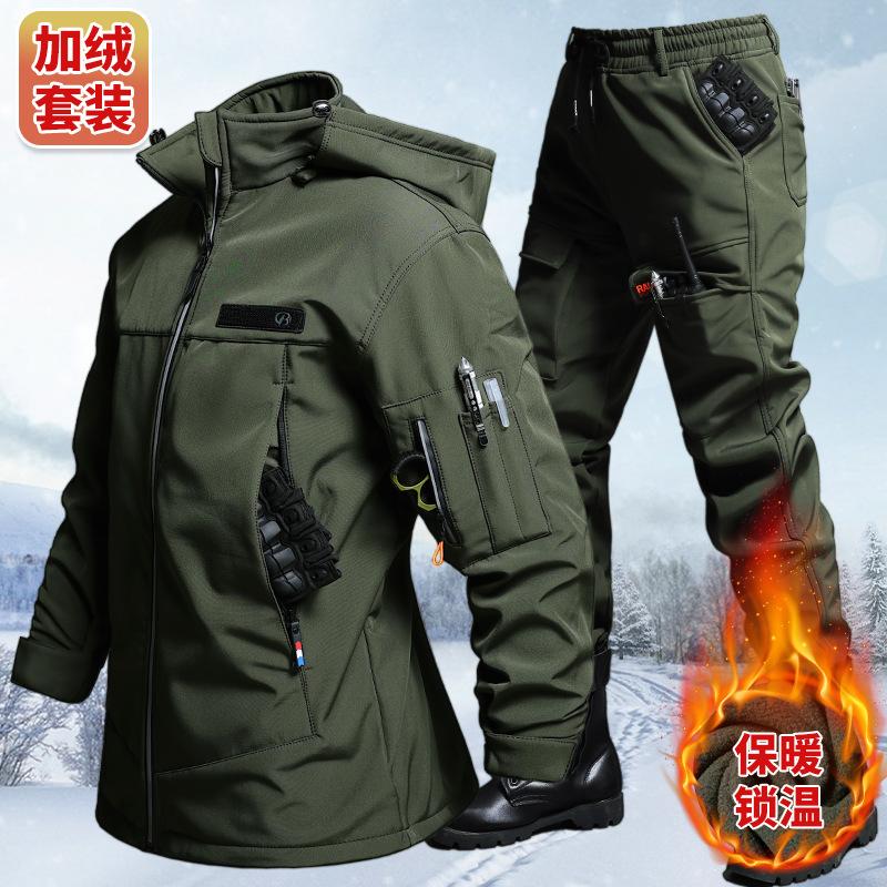 Outdoor Camping Hiking - ชุดเสื้อแจ็คเก็ตและกางเกงกำมะหยี่กันน้ำสำหรับฤดูใบไม้ร่วงและฤดูหนาว สำหรับผู้ชาย ขี่จักรยาน เดินป่า ตั้งแคมป์ เสื้อผ้าสำหรับการผจญภัย