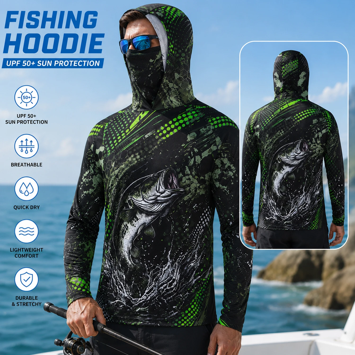 Outdoor Camping Hiking - เสื้อแขนยาวสำหรับตกปลาผู้ชาย รุ่นโปร แองเกลอร์ บัส พร้อมฮู้ดและผ้าคลุมหน้า ป้องกันรังสียูวี